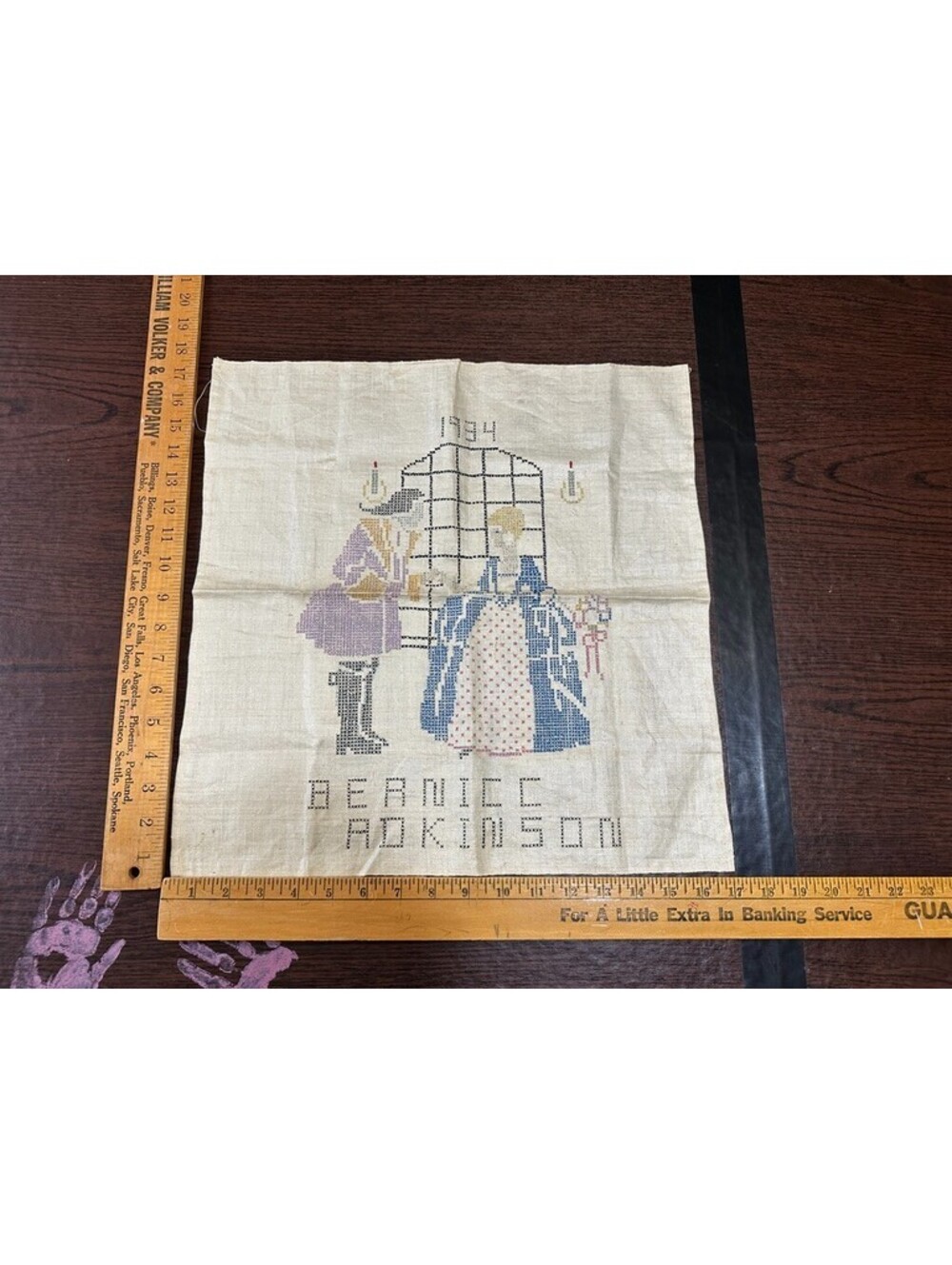 Vintage Handmade Cross Stitch Sampler 1934 Wedding Proposal Colonial